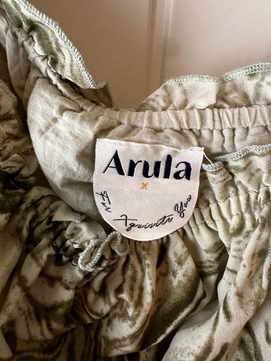 ARULA Olive Green and Cream Marble-Print Smocked Spring Party Flowy Midi Dress - Picture 2 of 10